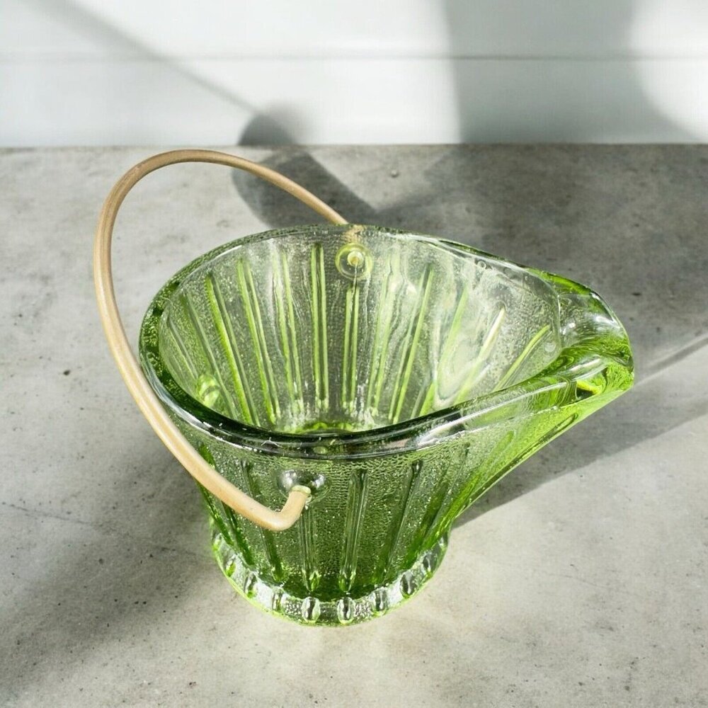 Vintage Hazel Atlas Green Glass Bucket Toothpick Holder With Metal Handle VTG